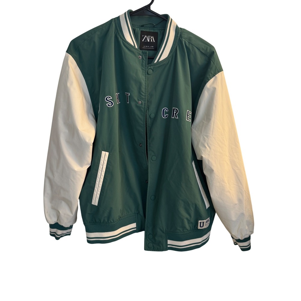 Zara Kids Varsity Bomber Jacket 13-14 Green White SKT CREW Retro
